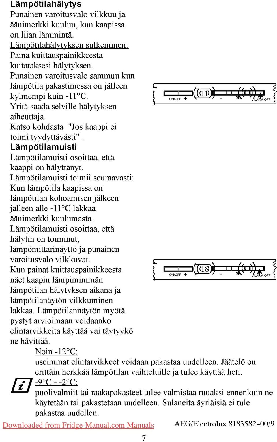 Lämpötilamuisti Lämpötilamuisti osoittaa, että kaappi on hälyttänyt.