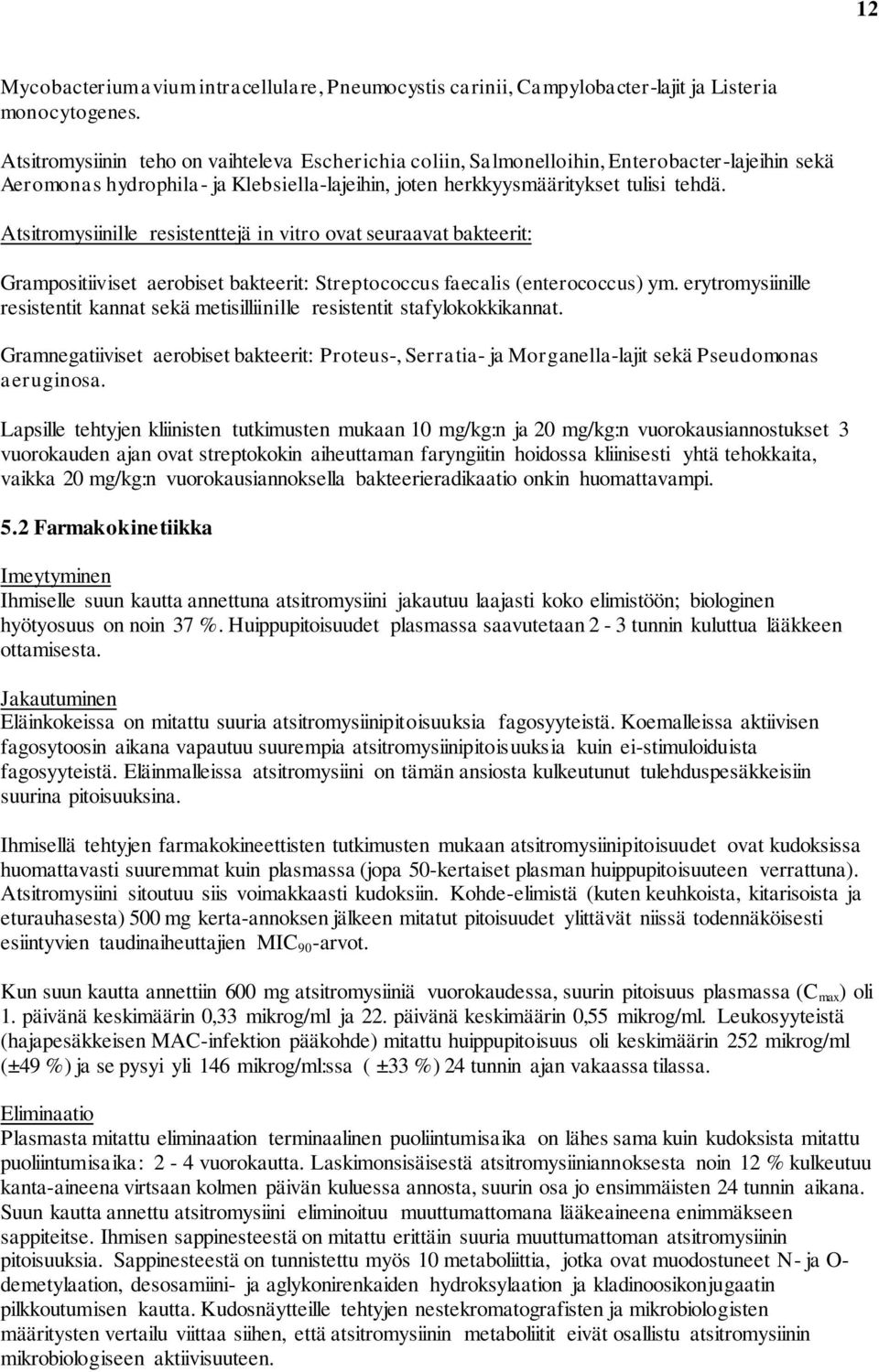 Atsitromysiinille resistenttejä in vitro ovat seuraavat bakteerit: Grampositiiviset aerobiset bakteerit: Streptococcus faecalis (enterococcus) ym.