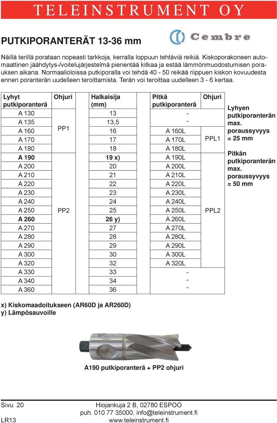 Normaalioloissa putkiporalla voi tehdä 40-50 reikää riippuen kiskon kovuudesta ennen poranterän uudelleen teroittamista. Terän voi teroittaa uudelleen 3-6 kertaa.