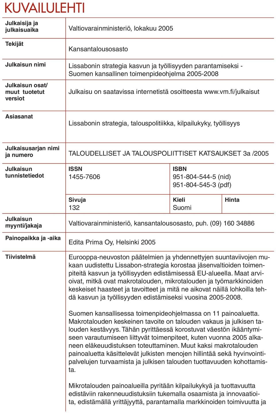 fi/julkaisut Asiasanat Lissabonin strategia, talouspolitiikka, kilpailukyky, työllisyys Julkaisusarjan nimi ja numero TALOUDELLISET JA TALOUSPOLIITTISET KATSAUKSET 3a /2005 Julkaisun tunnistetiedot