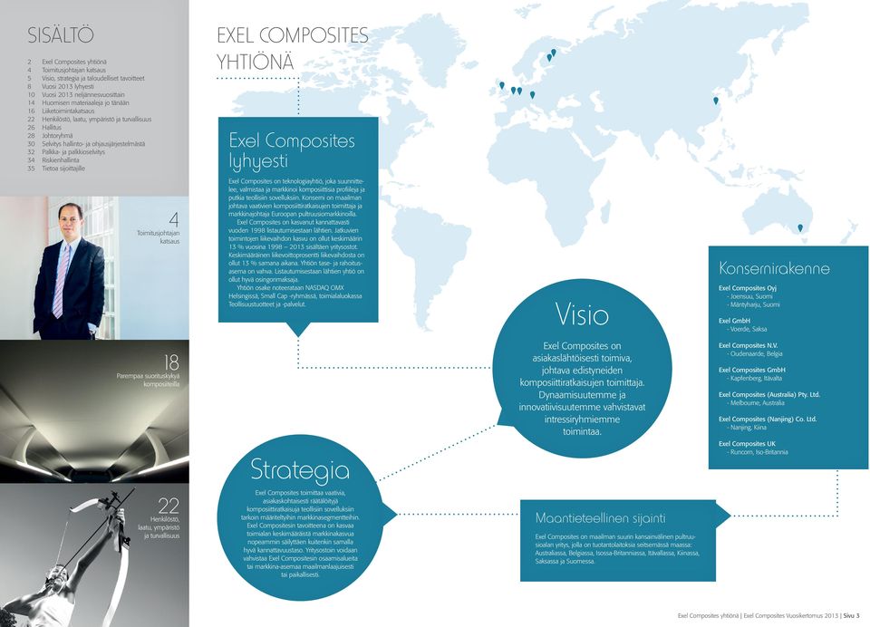 Tietoa sijoittajille EXEL COMPOSITES YHTIÖNÄ Exel Composites lyhyesti 4 Toimitusjohtajan katsaus Exel Composites on teknologiayhtiö, joka suunnittelee, valmistaa ja markkinoi komposiittisia