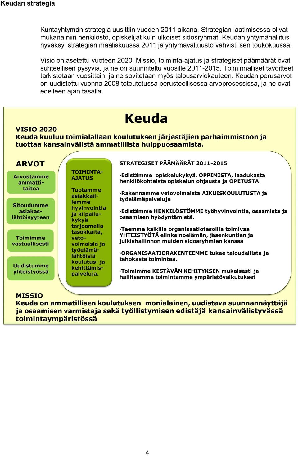 Missio, toiminta-ajatus ja strategiset päämäärät ovat suhteellisen pysyviä, ja ne on suunniteltu vuosille 2011-2015.