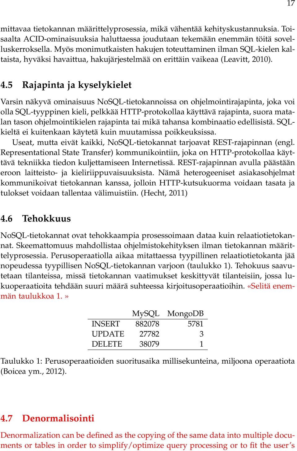 5 Rajapinta ja kyselykielet Varsin näkyvä ominaisuus NoSQL-tietokannoissa on ohjelmointirajapinta, joka voi olla SQL-tyyppinen kieli, pelkkää HTTP-protokollaa käyttävä rajapinta, suora matalan tason