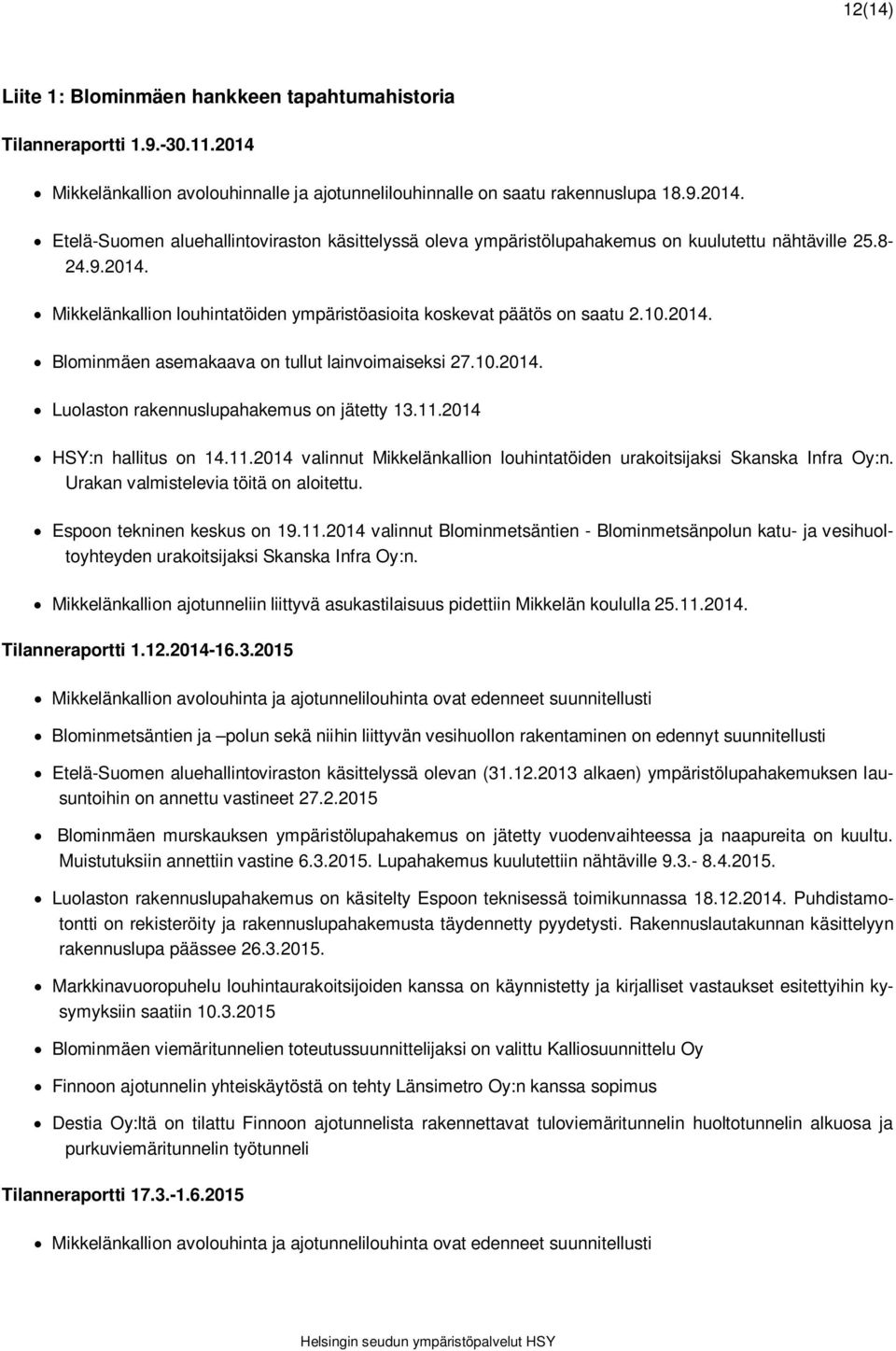 11.2014 HSY:n hallitus on 14.11.2014 valinnut Mikkelänkallion louhintatöiden urakoitsijaksi Skanska Infra Oy:n. Urakan valmistelevia töitä on aloitettu. Espoon tekninen keskus on 19.11.2014 valinnut Blominmetsäntien - Blominmetsänpolun katu- ja vesihuoltoyhteyden urakoitsijaksi Skanska Infra Oy:n.