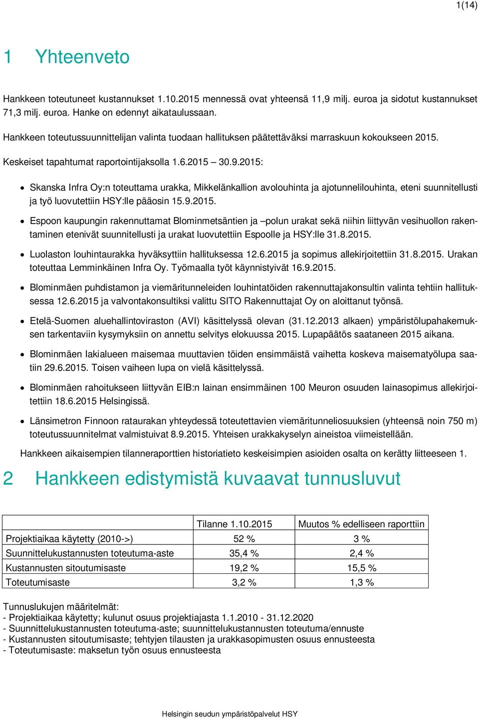 2015: Skanska Infra Oy:n toteuttama urakka, Mikkelänkallion avolouhinta ja ajotunnelilouhinta, eteni suunnitellusti ja työ luovutettiin HSY:lle pääosin 15.9.2015. Espoon kaupungin rakennuttamat Blominmetsäntien ja polun urakat sekä niihin liittyvän vesihuollon rakentaminen etenivät suunnitellusti ja urakat luovutettiin Espoolle ja HSY:lle 31.