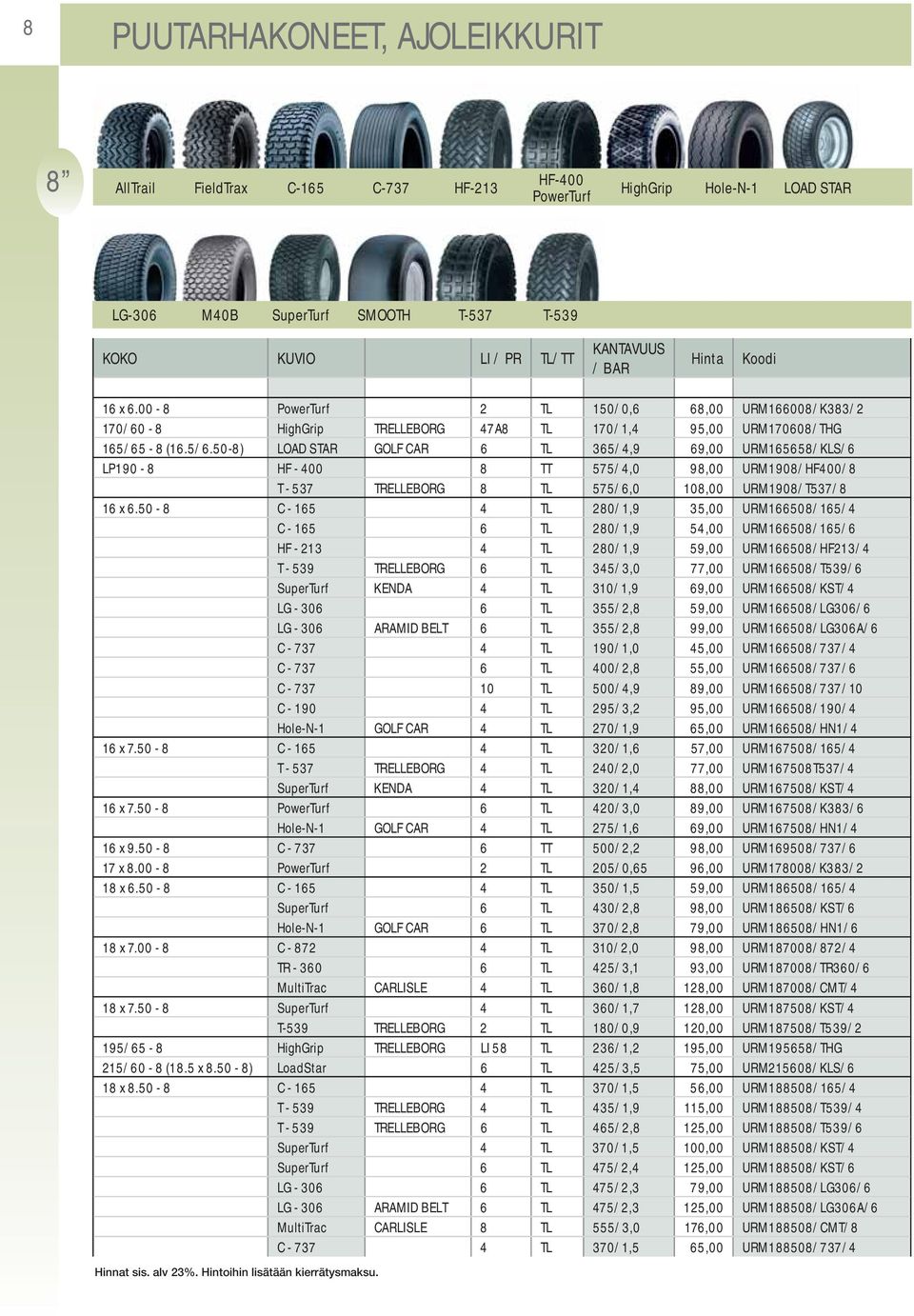 -8 (16.5/6.50-8) LOAD STAR GOLF CAR 6 TL 365/4,9 69,00 URM165658/KLS/6 LP190-8 HF - 400 8 TT 575/4,0 98,00 URM1908/HF400/8 T - 537 TRELLEBORG 8 TL 575/6,0 108,00 URM1908/T537/8 16 x 6.