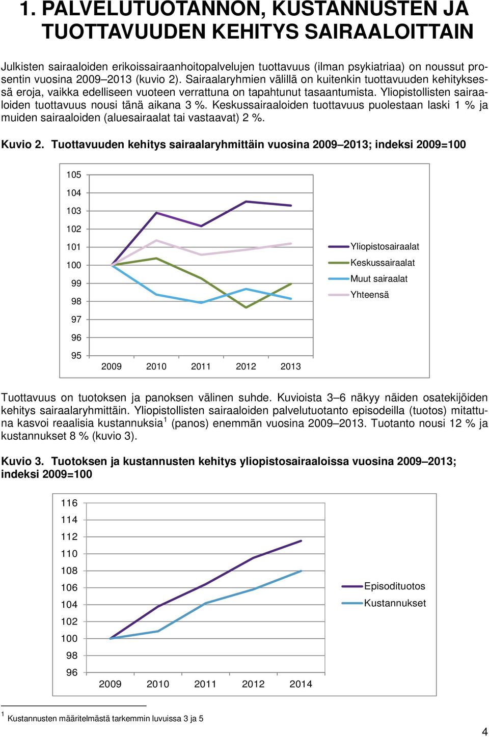 Yliopistollisten sairaaloiden tuottavuus nousi tänä aikana 3 %. Keskussairaaloiden tuottavuus puolestaan laski 1 % ja muiden sairaaloiden (aluesairaalat tai vastaavat) 2 %. Kuvio 2.