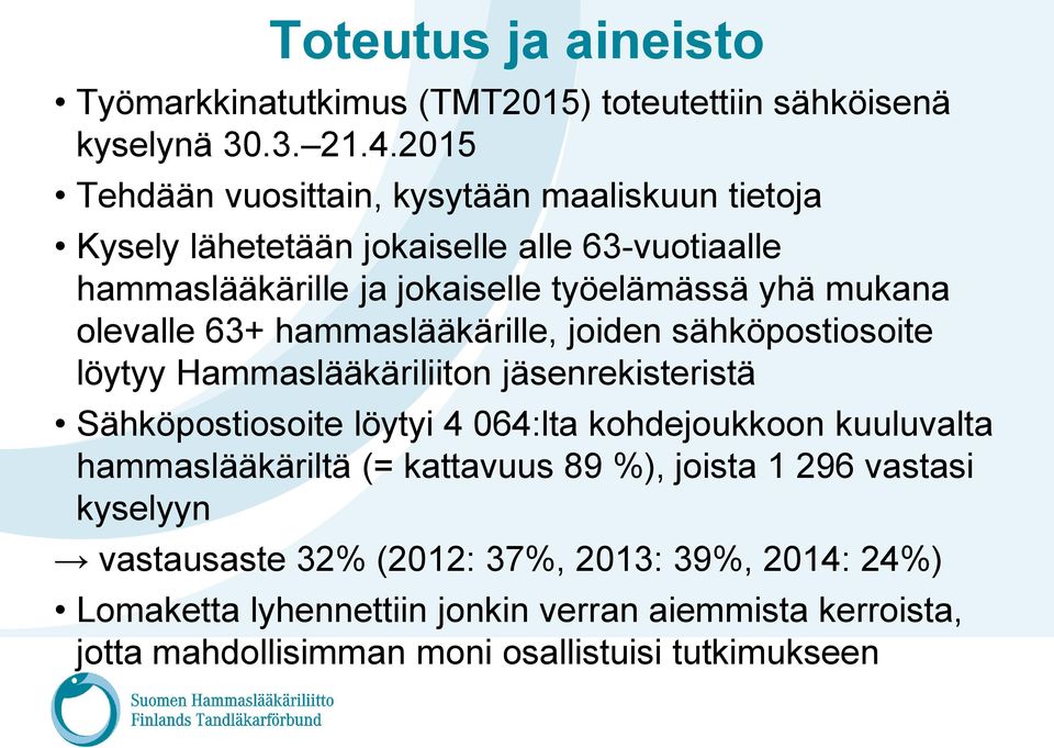 olevalle 63+ hammaslääkärille, joiden sähköpostiosoite löytyy Hammaslääkäriliiton jäsenrekisteristä Sähköpostiosoite löytyi 4 064:lta kohdejoukkoon kuuluvalta