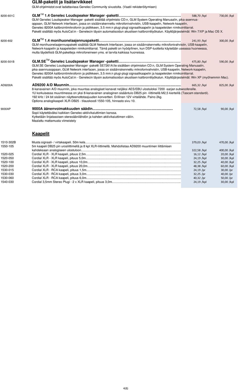 interfacen, jossa on sisäänrakennettu mikrofonivahvistin, USB-kaapelin, Network-kaapelin, Genelec 8200A kalibrointimikrofonin ja pidikkeen, 3.