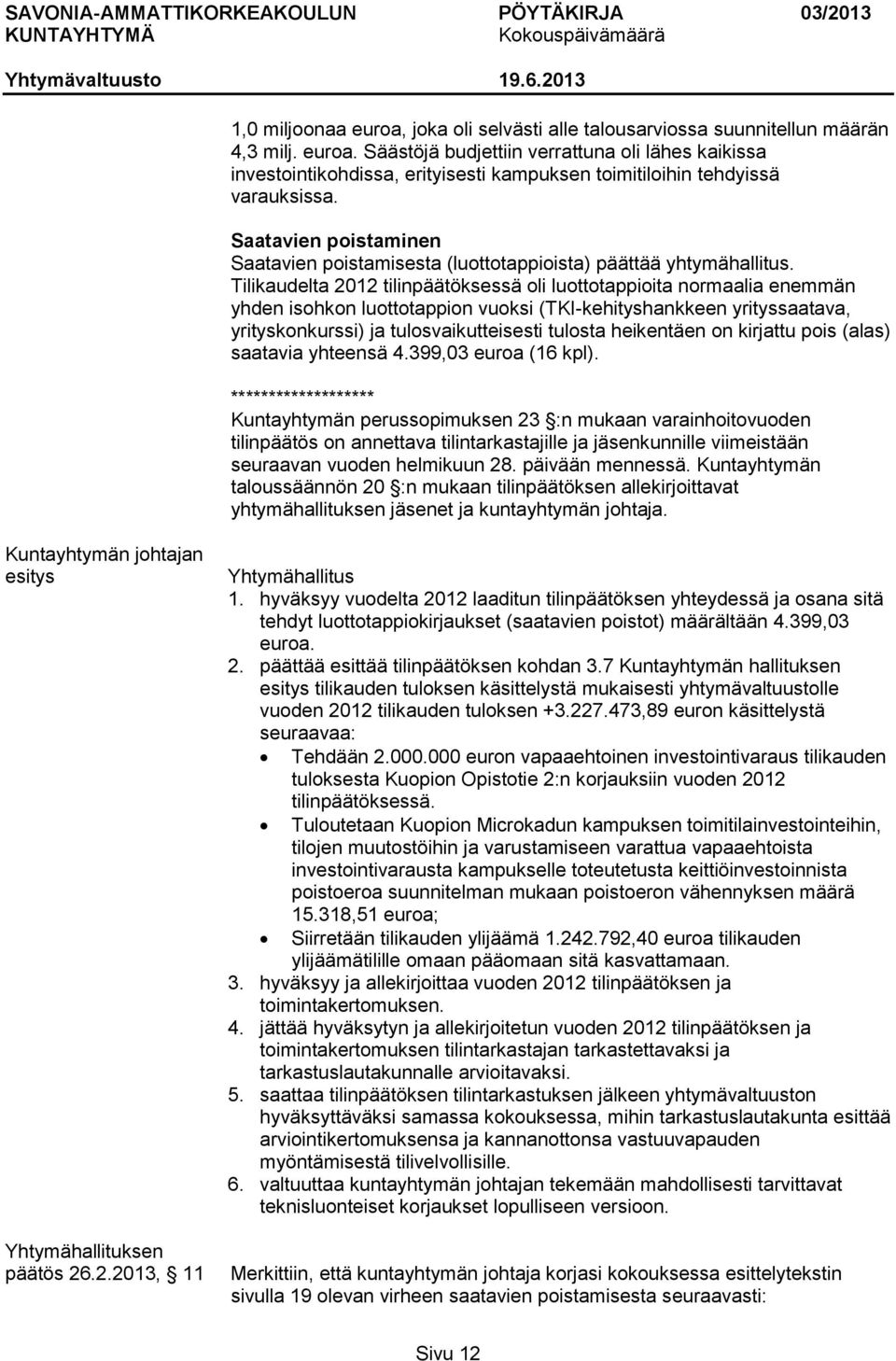 Tilikaudelta 2012 tilinpäätöksessä oli luottotappioita normaalia enemmän yhden isohkon luottotappion vuoksi (TKI-kehityshankkeen yrityssaatava, yrityskonkurssi) ja tulosvaikutteisesti tulosta