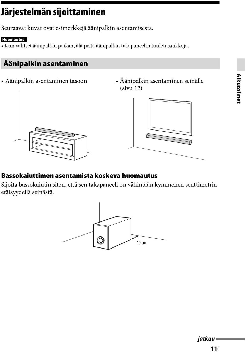 Äänipalkin asentaminen Äänipalkin asentaminen tasoon Äänipalkin asentaminen seinälle (sivu 12) Alkutoimet