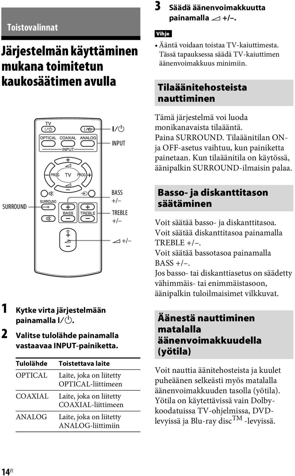 Tilaäänitilan ONja OFF-asetus vaihtuu, kun painiketta painetaan. Kun tilaäänitila on käytössä, äänipalkin SURROUND-ilmaisin palaa.