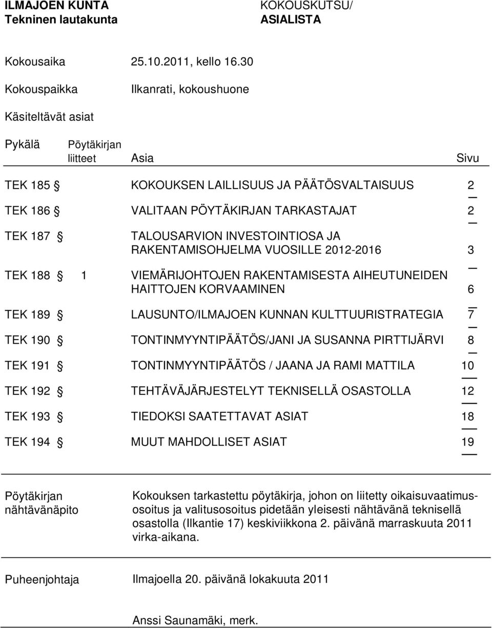 INVESTOINTIOSA JA RAKENTAMISOHJELMA VUOSILLE 2012-2016 3 TEK 188 1 VIEMÄRIJOHTOJEN RAKENTAMISESTA AIHEUTUNEIDEN HAITTOJEN KORVAAMINEN 6 TEK 189 LAUSUNTO/ILMAJOEN KUNNAN KULTTUURISTRATEGIA 7 TEK 190