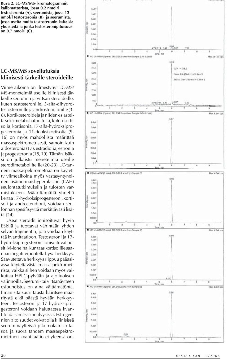 LC-MS/MS sovellutuksia kliinisesti tärkeille steroideille Viime aikoina on ilmestynyt LC-MS/ MS-menetelmiä useille kliinisesti tärkeille seerumin ja virtsan steroideille, kuten testosteronille,