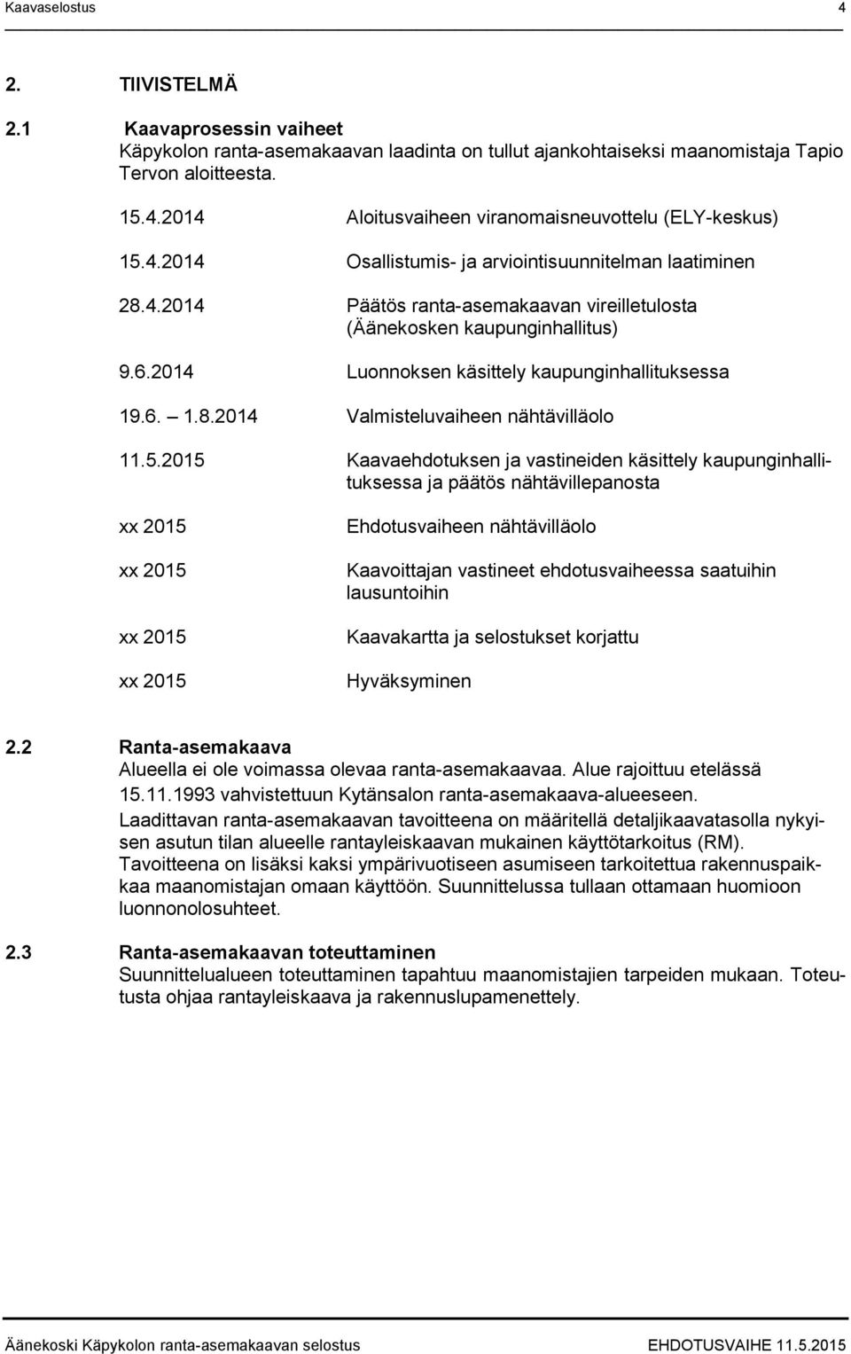 5.2015 Kaavaehdotuksen ja vastineiden käsittely kaupunginhallituksessa ja päätös nähtävillepanosta xx 2015 xx 2015 xx 2015 xx 2015 Ehdotusvaiheen nähtävilläolo Kaavoittajan vastineet ehdotusvaiheessa