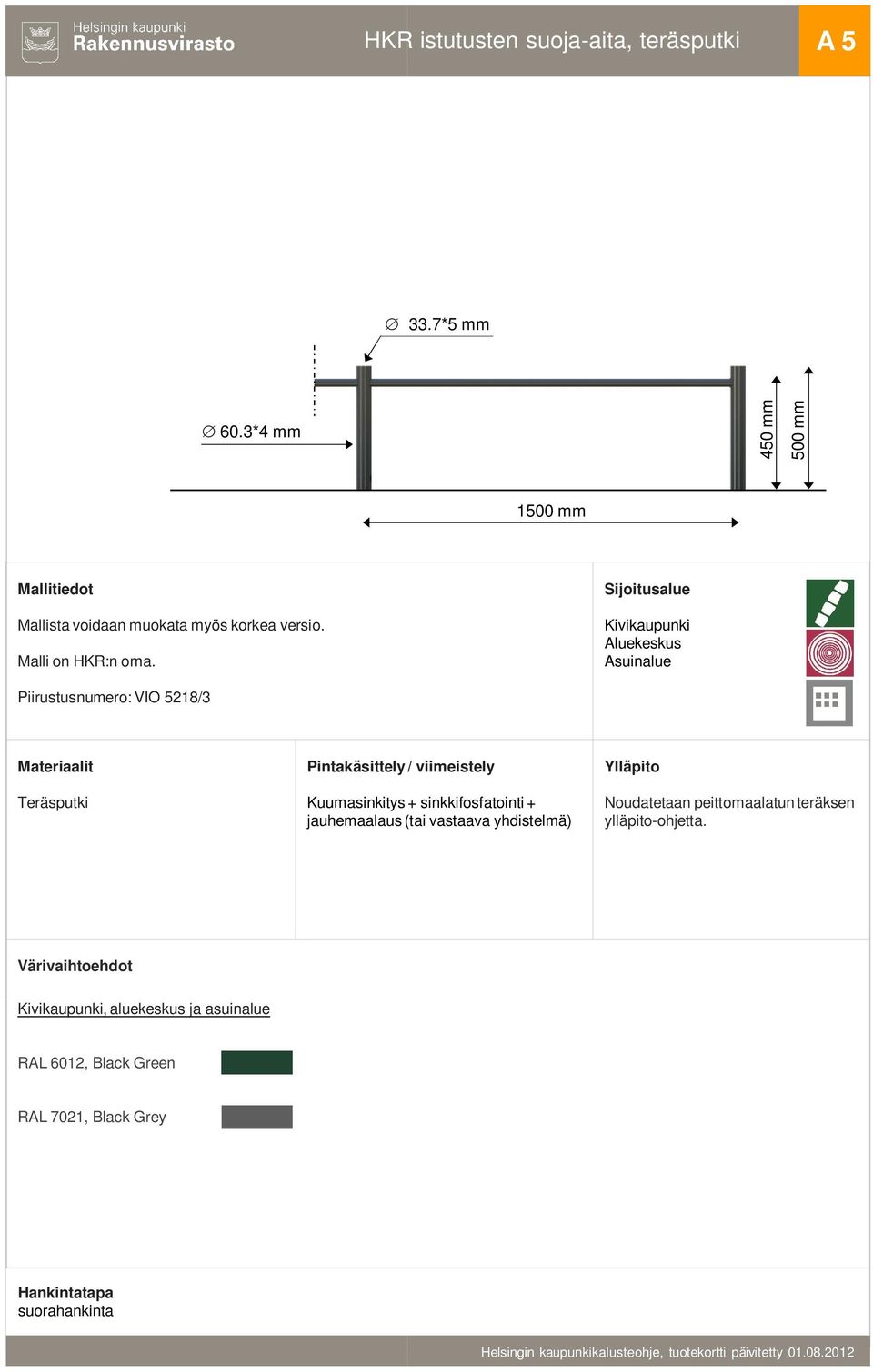 Piirustusnumero: VIO 5218/3 Teräsputki Kuumasinkitys + sinkkifosfatointi + jauhemaalaus (tai vastaava