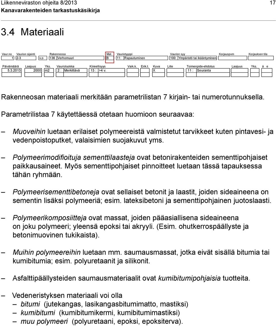 á e 5.3.2013 2000 m2 2 : Merkittävä 13 : >4 v. X 11 : Seuranta Rakenneosan materiaali merkitään parametrilistan 7 kirjain- tai numerotunnuksella.