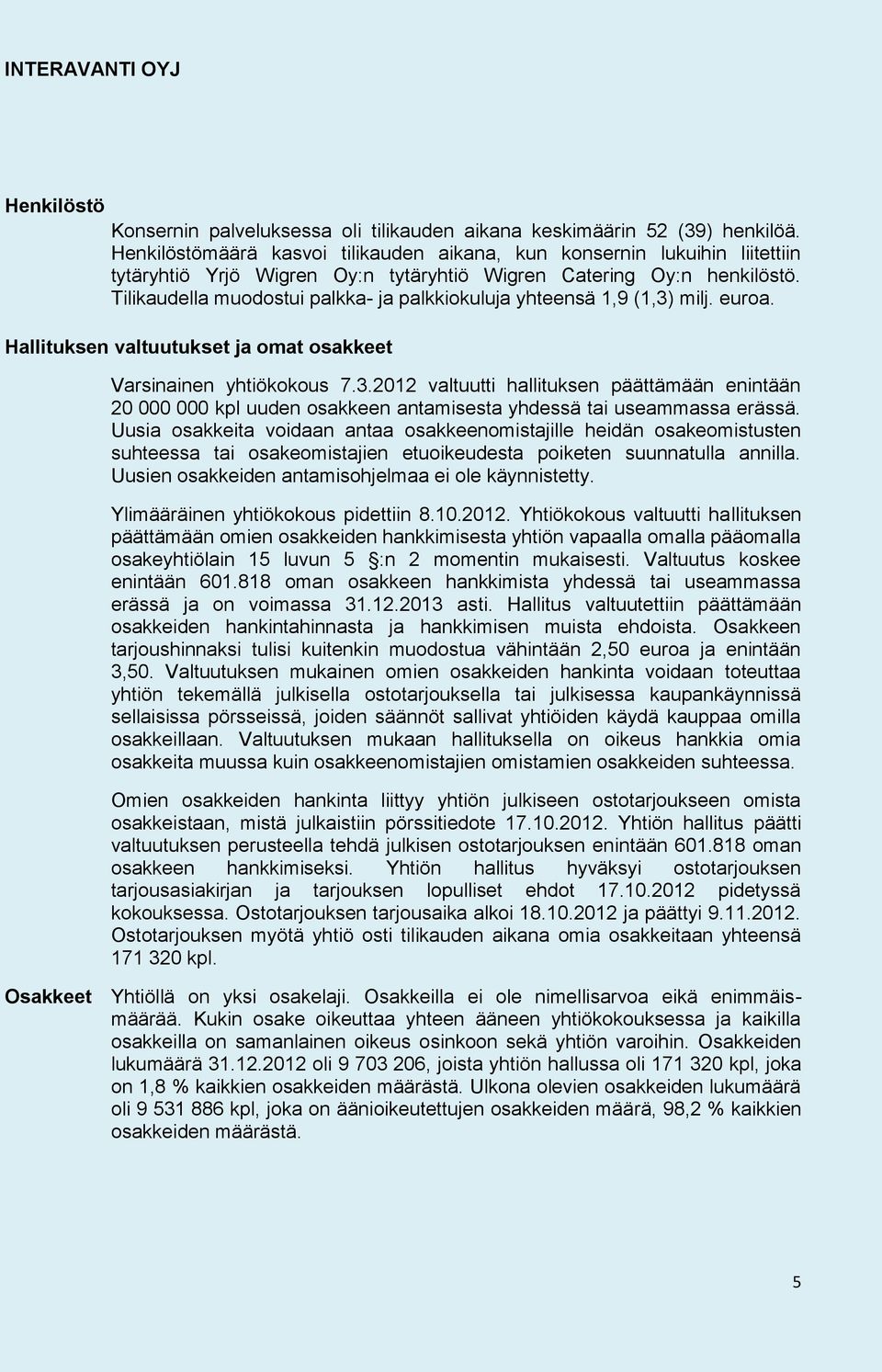 Tilikaudella muodostui palkka- ja palkkiokuluja yhteensä 1,9 (1,3) milj. euroa. Hallituksen valtuutukset ja omat osakkeet Varsinainen yhtiökokous 7.3.2012 valtuutti hallituksen päättämään enintään 20 000 000 kpl uuden osakkeen antamisesta yhdessä tai useammassa erässä.