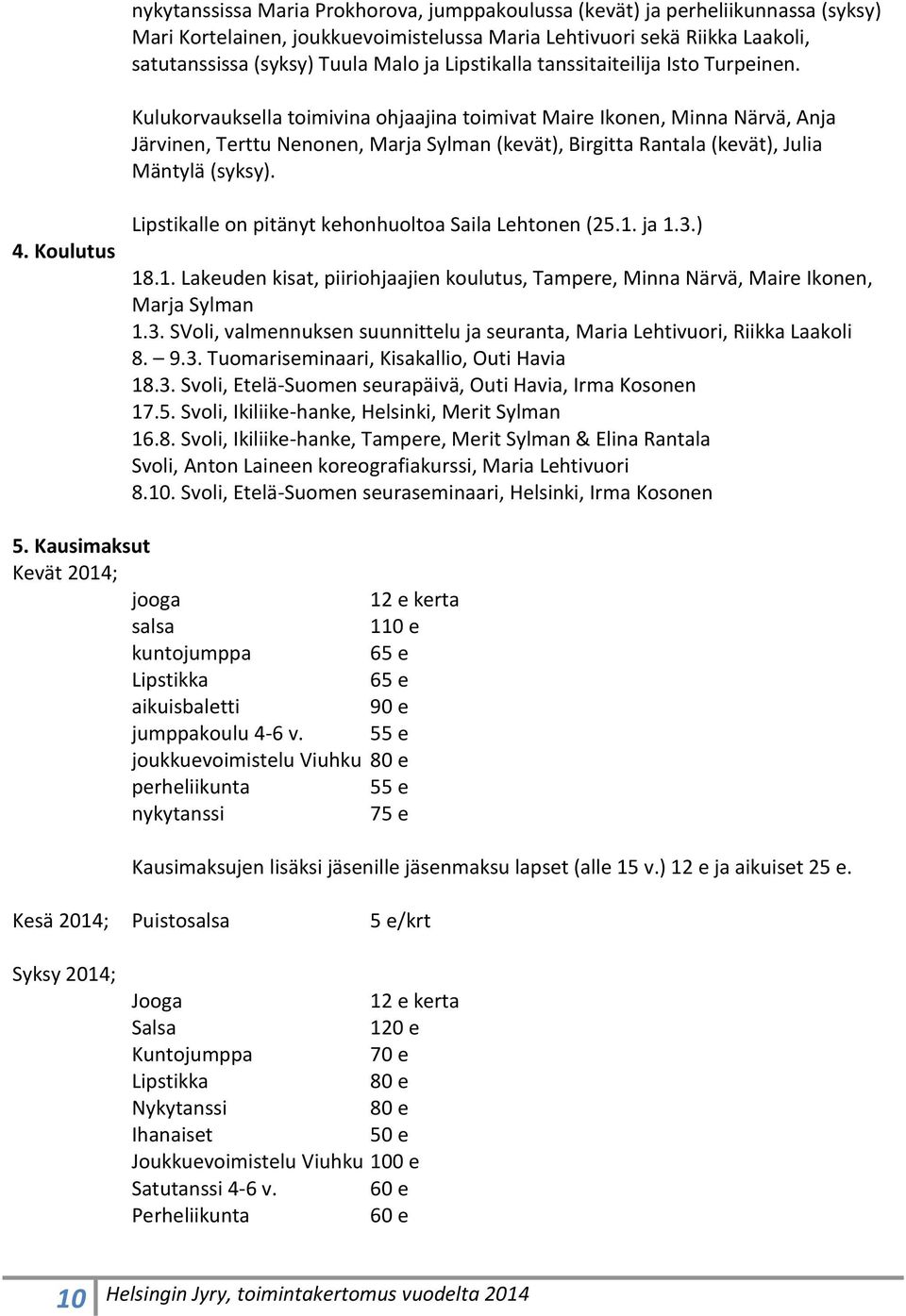 Kulukorvauksella toimivina ohjaajina toimivat Maire Ikonen, Minna Närvä, Anja Järvinen, Terttu Nenonen, Marja Sylman (kevät), Birgitta Rantala (kevät), Julia Mäntylä (syksy). 4.