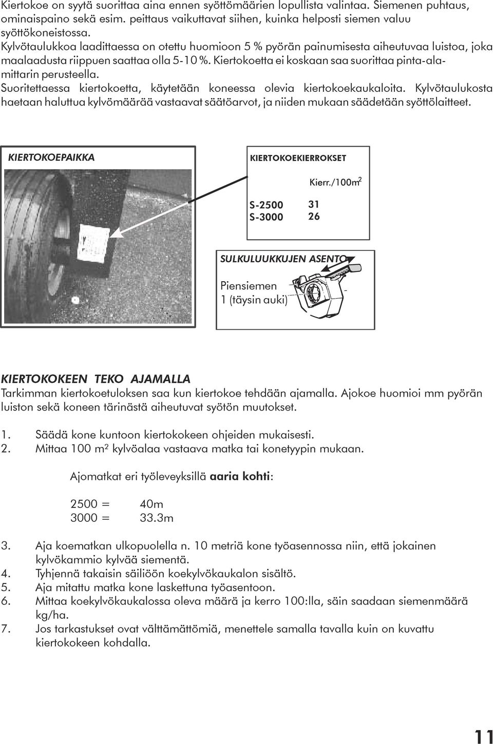 Kiertokoetta ei koskaan saa suorittaa pinta-alamittarin perusteella. Suoritettaessa kiertokoetta, käytetään koneessa olevia kiertokoekaukaloita.