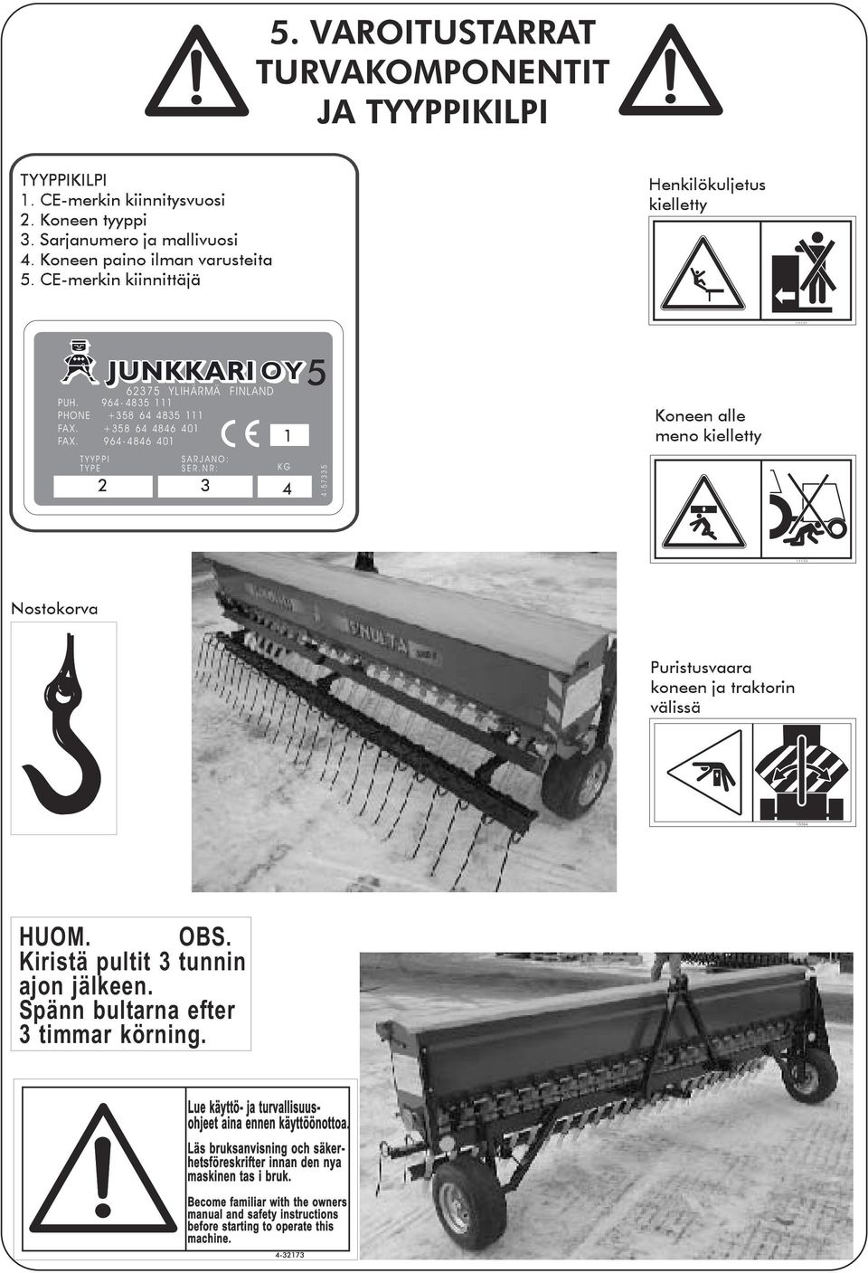 NR: OY 1 KG 2 3 4 4-57335 Koneen alle meno kielletty Nostokorva Puristusvaara koneen ja traktorin välissä 15064 HUOM. OBS. Kiristä pultit 3 tunnin ajon jälkeen. Spänn bultarna efter 3 timmar körning.