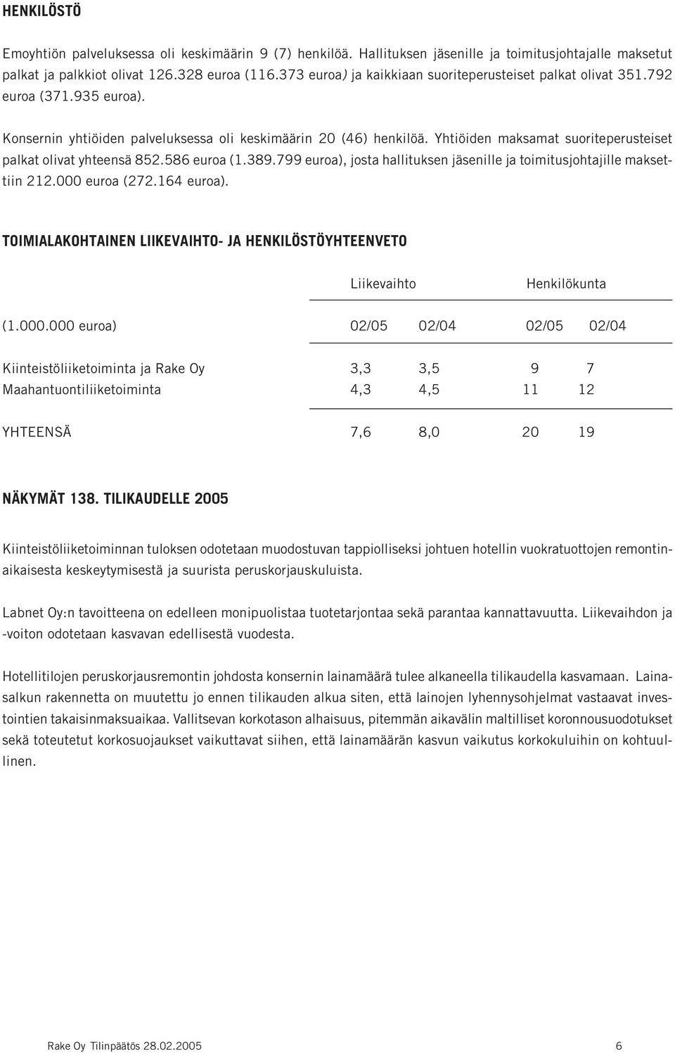 Yhtiöiden maksamat suoriteperusteiset palkat olivat yhteensä 852.586 euroa (1.389.799 euroa), josta hallituksen jäsenille ja toimitusjohtajille maksettiin 212.000 euroa (272.164 euroa).