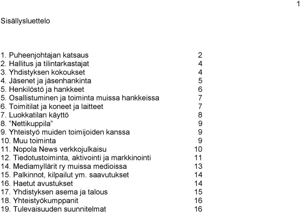 Yhteistyö muiden toimijoiden kanssa 9 10. Muu toiminta 9 11. Nopola News verkkojulkaisu 10 12. Tiedotustoiminta, aktivointi ja markkinointi 11 14.