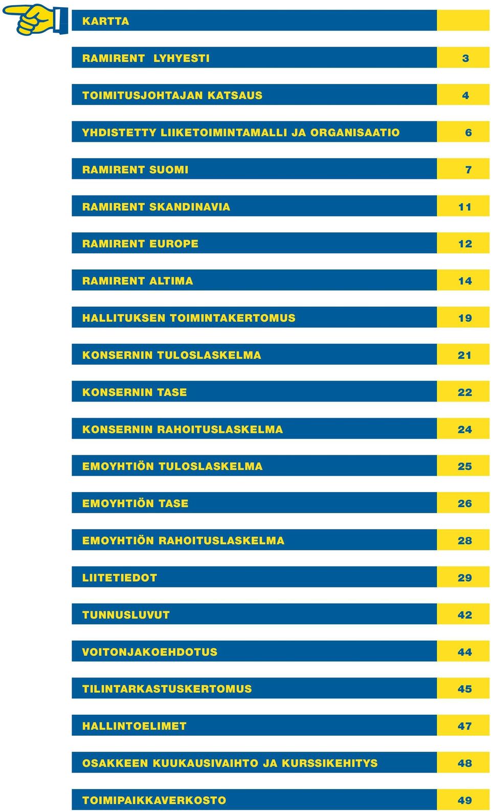 KONSERNIN RAHOITUSLASKELMA 24 EMOYHTIÖN TULOSLASKELMA 25 EMOYHTIÖN TASE 26 EMOYHTIÖN RAHOITUSLASKELMA 28 LIITETIEDOT 29 TUNNUSLUVUT