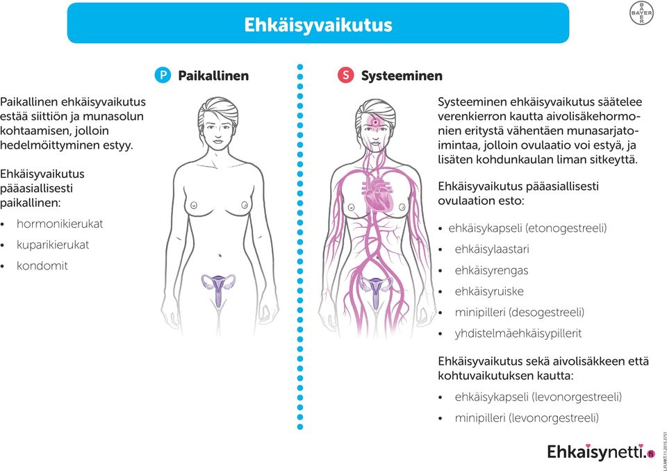 Ehkäisyvaikutus pääasiallisesti paikallinen: hormonikierukat kuparikierukat kondomit Systeeminen ehkäisyvaikutus säätelee verenkierron kautta aivolisäkehormonien eritystä vähentäen