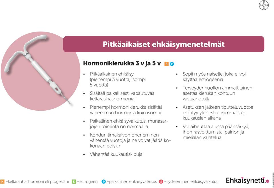 ja ne voivat jäädä kokonaan poiskin Vähentää kuukautiskipuja Sopii myös naiselle, joka ei voi käyttää estrogeenia Terveydenhuollon ammattilainen asettaa kierukan kohtuun