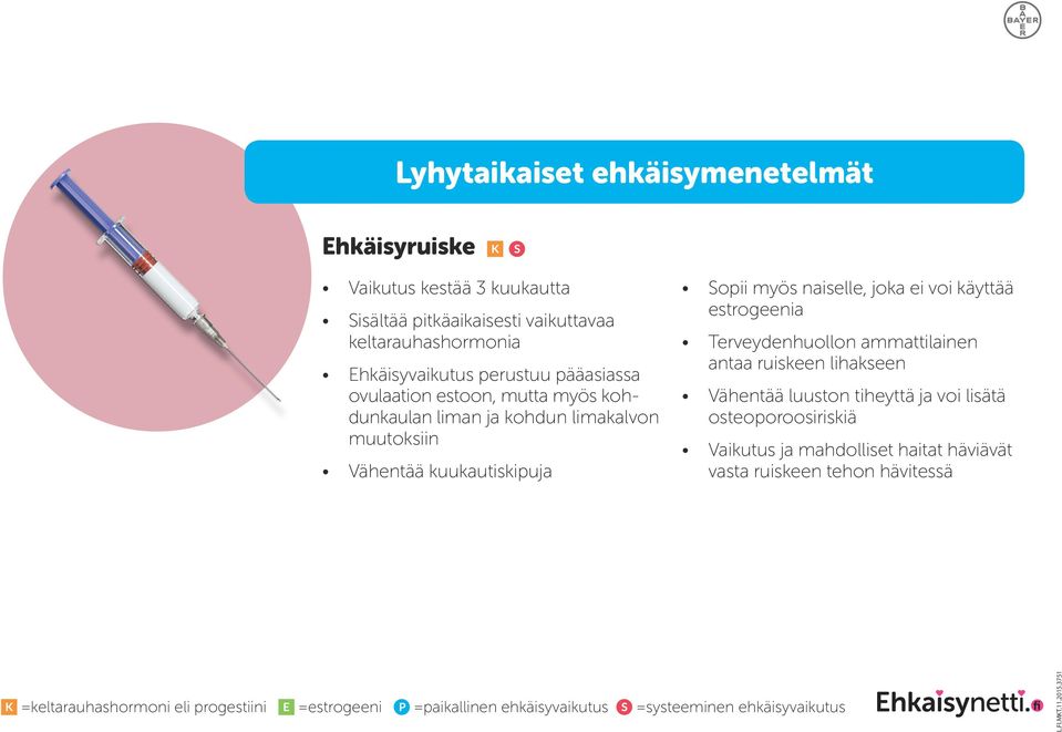 muutoksiin Vähentää kuukautiskipuja Sopii myös naiselle, joka ei voi käyttää estrogeenia Terveydenhuollon ammattilainen antaa