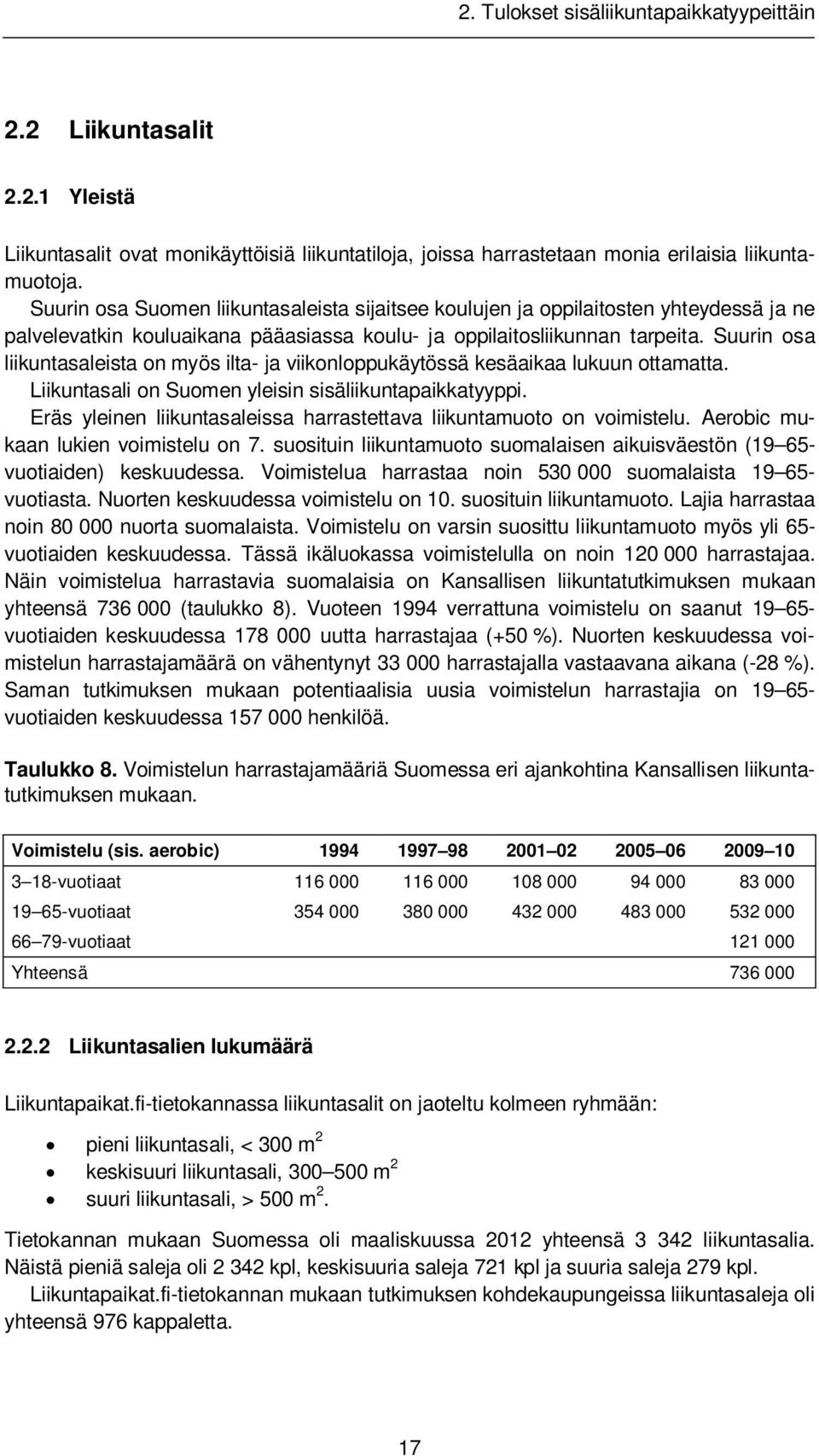 Suurin osa liikuntasaleista on myös ilta- ja viikonloppukäytössä kesäaikaa lukuun ottamatta. Liikuntasali on Suomen yleisin sisäliikuntapaikkatyyppi.