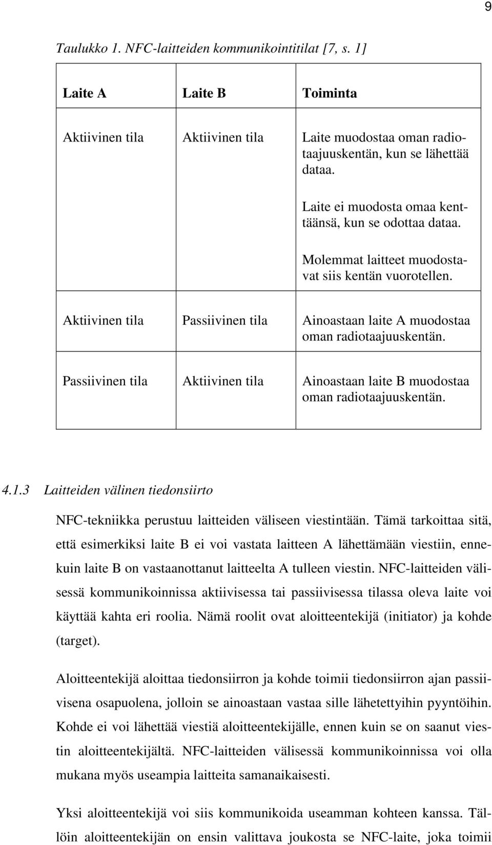 Passiivinen tila Aktiivinen tila Ainoastaan laite B muodostaa oman radiotaajuuskentän. 4.1.3 Laitteiden välinen tiedonsiirto NFC-tekniikka perustuu laitteiden väliseen viestintään.