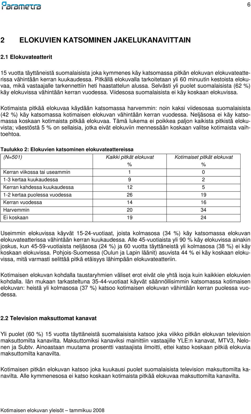 Selvästi yli puolet suomalaisista (62 %) käy elokuvissa vähintään kerran vuodessa. Viidesosa suomalaisista ei käy koskaan elokuvissa.