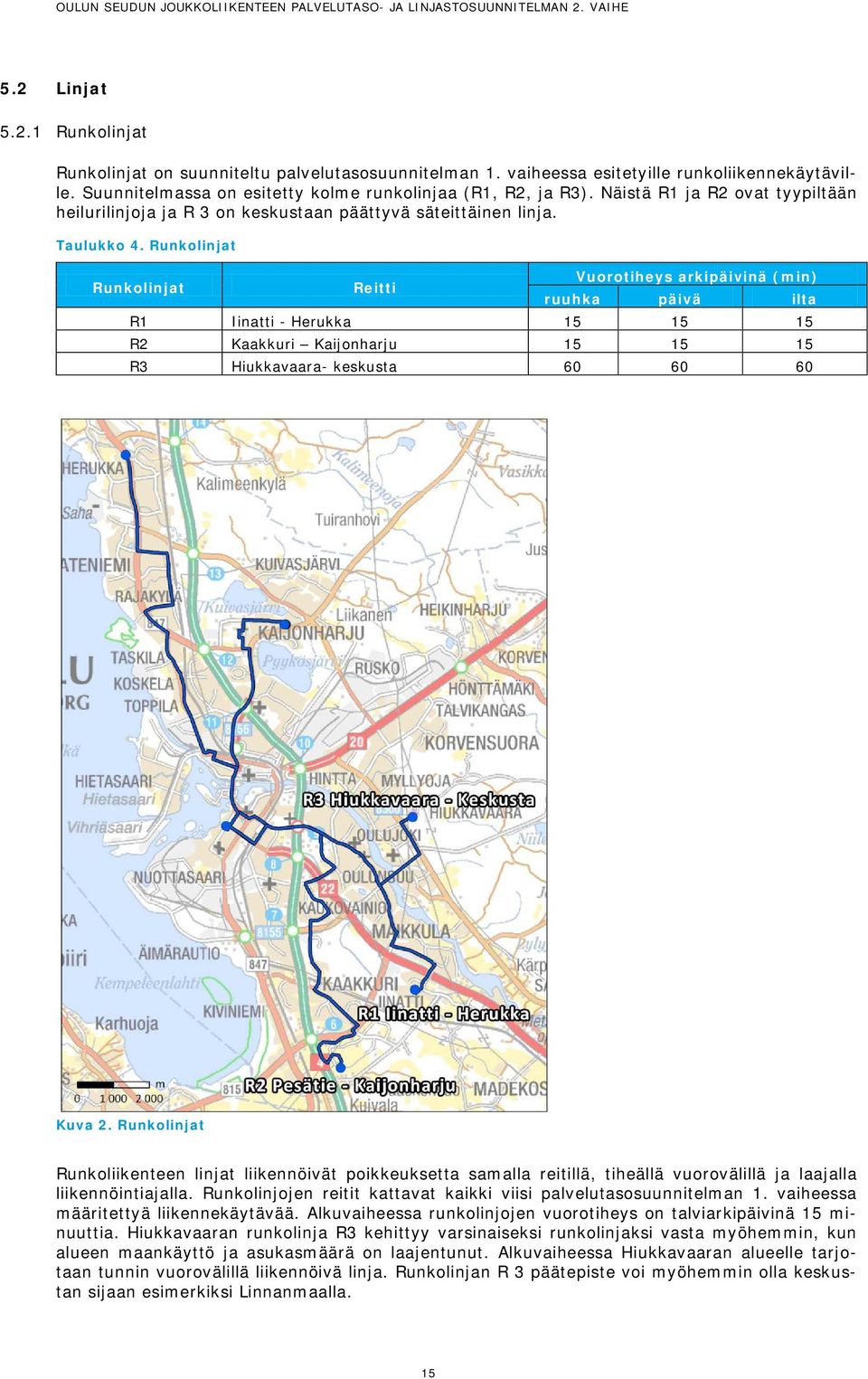 Runkolinjat Runkolinjat Reitti Vuorotiheys arkipäivinä (min) ruuhka päivä ilta R1 Iinatti - Herukka 15 15 15 R2 Kaakkuri Kaijonharju 15 15 15 R3 Hiukkavaara- keskusta 60 60 60 Kuva 2.