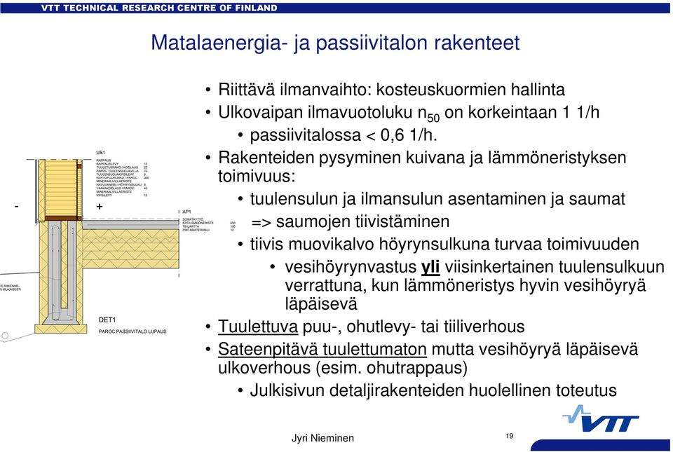 Rakenteiden pysyminen kuivana ja lämmöneristyksen toimivuus: tuulensulun ja ilmansulun asentaminen ja saumat => saumojen tiivistäminen tiivis muovikalvo