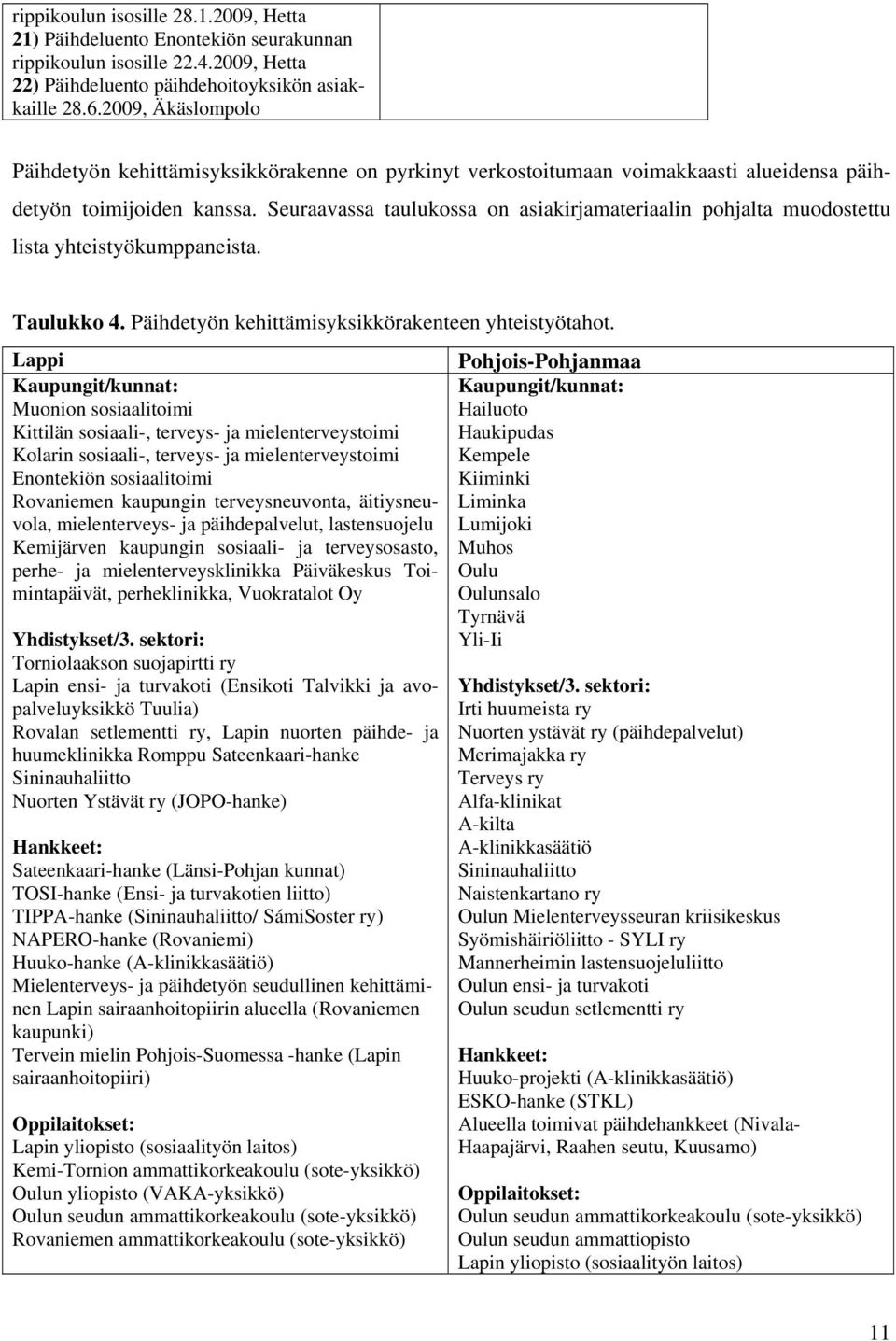 Seuraavassa taulukossa on asiakirjamateriaalin pohjalta muodostettu lista yhteistyökumppaneista. Taulukko 4. Päihdetyön kehittämisyksikkörakenteen yhteistyötahot.