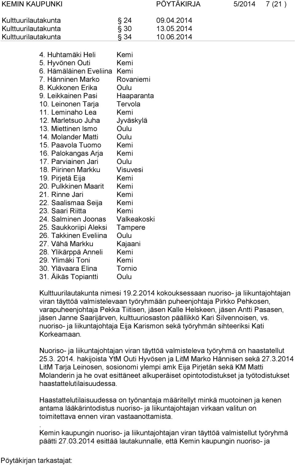 Miettinen lsmo Oulu 14. Molander Matti Oulu 15. Paavola Tuomo Kemi 16. Palokangas Arja Kemi 17. Parviainen Jari Oulu 18. Piirinen Markku Visuvesi 19. Pirjetä Eija Kemi 20. Pulkkinen Maarit Kemi 21.