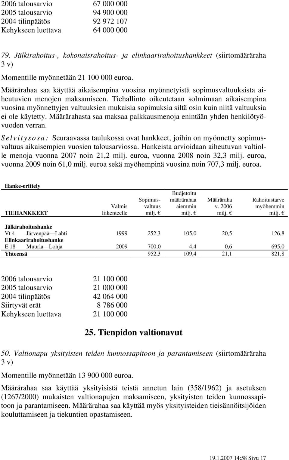 Määrärahaa saa käyttää aikaisempina vuosina myönnetyistä sopimusvaltuuksista aiheutuvien menojen maksamiseen.