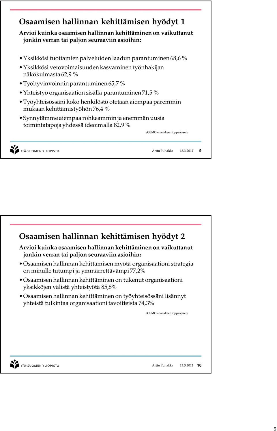 henkilöstö otetaan aiempaa paremmin mukaan kehittämistyöhön 76,4 % Synnytämme aiempaa rohkeammin ja enemmän uusia toimintatapoja yhdessä ideoimalla 82,9 % eosmo hankkeen loppukysely Arttu Puhakka 13.