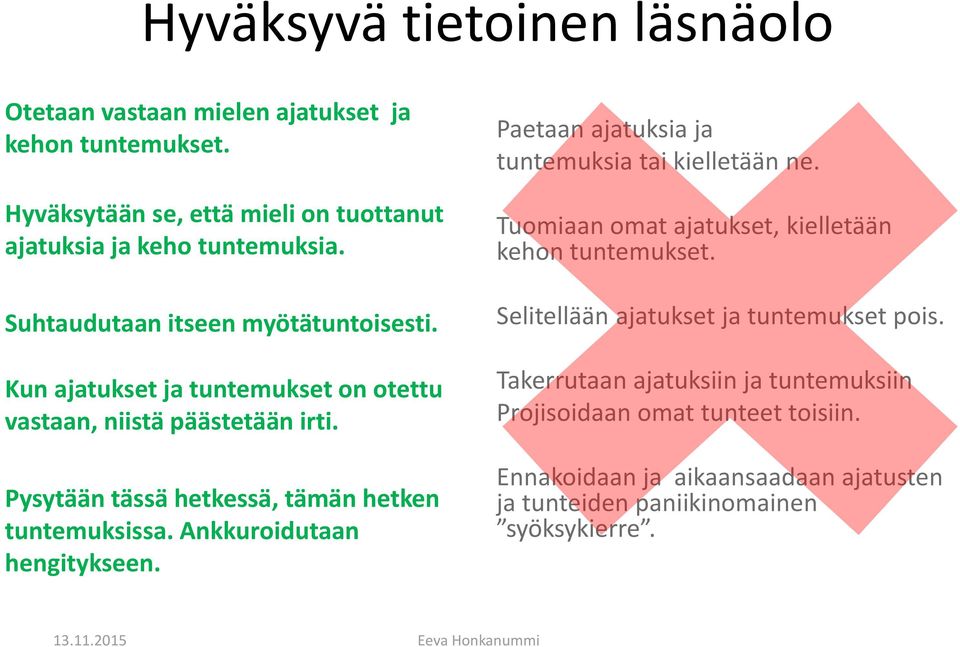 Ankkuroidutaan hengitykseen. Paetaan ajatuksia ja tuntemuksia tai kielletään ne. Tuomiaan omat ajatukset, kielletään kehon tuntemukset.