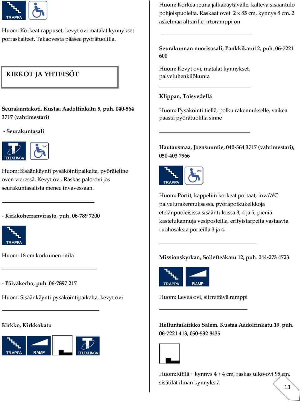 06-7221 600 Huom: Kevyt ovi, matalat kynnykset, palveluhenkilökunta Klippan, Toisvedellä Seurakuntakoti, Kustaa Aadolfinkatu 5, puh.