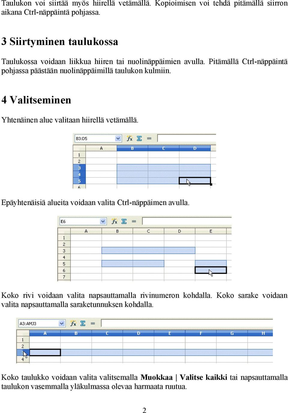 4 Valitseminen Yhtenäinen alue valitaan hiirellä vetämällä. Epäyhtenäisiä alueita voidaan valita Ctrl-näppäimen avulla.