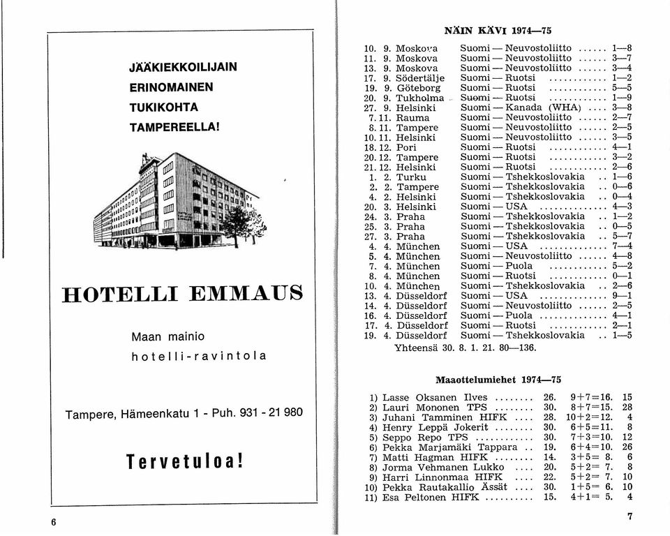 .. 1-9 27. 9. Helsinki Suomi - Kanada (WHA)... 3-8 7.11. Rauma Suomi - Neuvostoliitto 2-7 8. 11. Tampere Suomi - Neuvostoliitto... 2-5 10.11. Helsinki Suomi - Neuvostoliitto... 3-5 18.12.