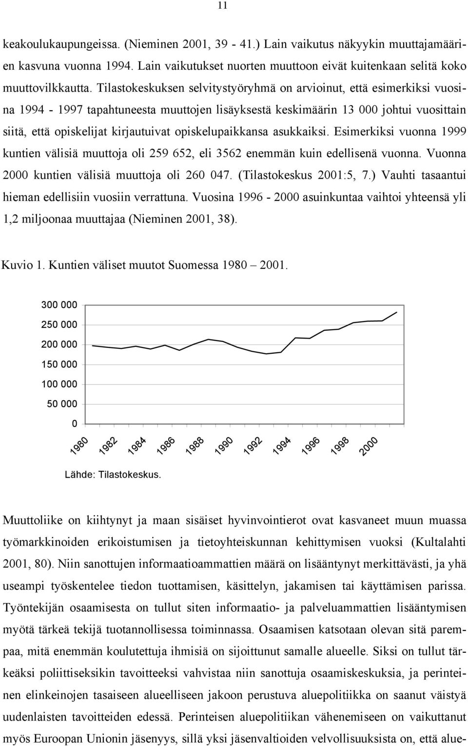 opiskelupaikkansa asukkaiksi. Esimerkiksi vuonna 1999 kuntien välisiä muuttoja oli 259 652, eli 3562 enemmän kuin edellisenä vuonna. Vuonna 2000 kuntien välisiä muuttoja oli 260 047.