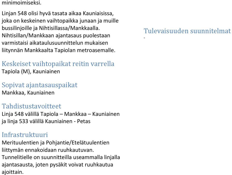 Tulevaisuuden suunnitelmat - Keskeiset vaihtopaikat reitin varrella Tapiola (M), Kauniainen Sopivat ajantasauspaikat Mankkaa, Kauniainen Tahdistustavoitteet Linja 548 välillä Tapiola