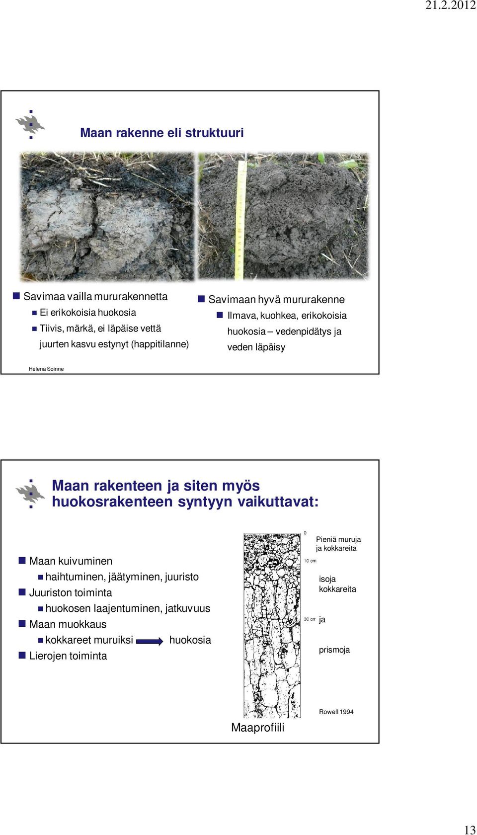 siten myös huokosrakenteen syntyyn vaikuttavat: Maan kuivuminen haihtuminen, jäätyminen, juuristo Juuriston toiminta huokosen laajentuminen,