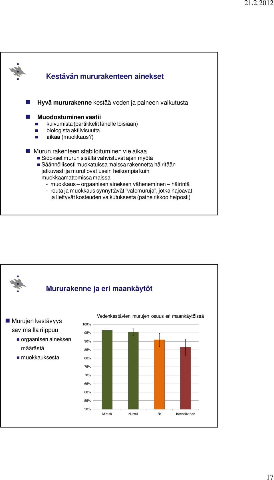 muokkaamattomissa maissa - muokkaus orgaanisen aineksen väheneminen häirintä - routa ja muokkaus synnyttävät valemuruja, jotka hajoavat ja liettyvät kosteuden vaikutuksesta (paine rikkoo helposti)