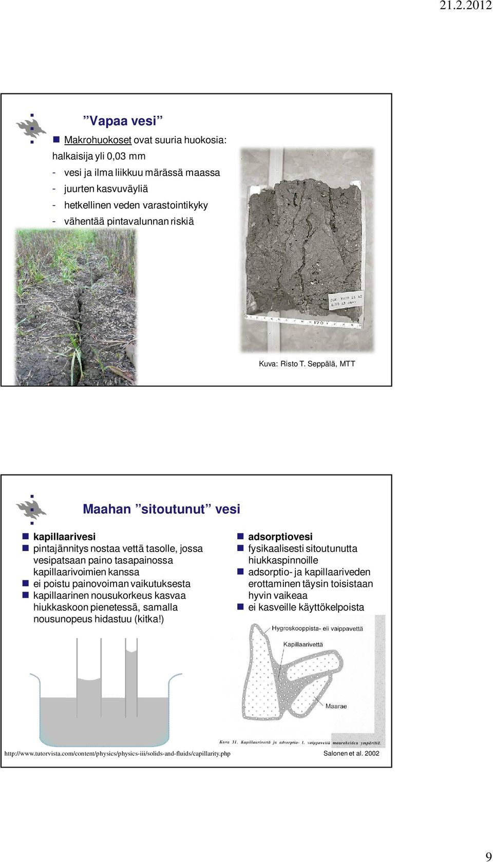 Seppälä, MTT Maahan sitoutunut vesi kapillaarivesi pintajännitys nostaa vettä tasolle, jossa vesipatsaan paino tasapainossa kapillaarivoimien kanssa ei poistu painovoiman vaikutuksesta