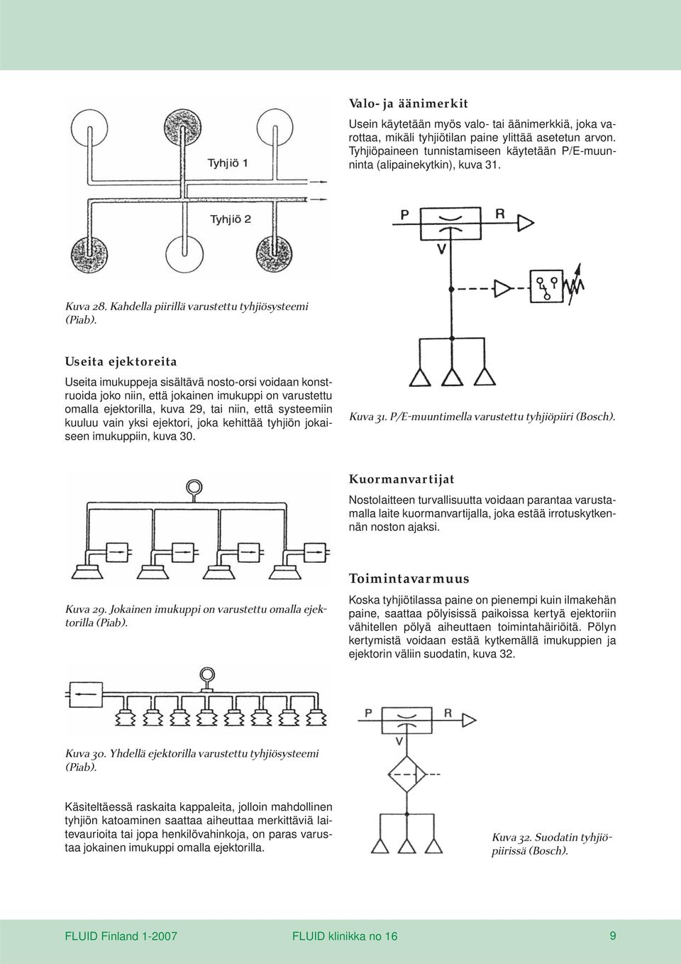 Useita ejektoreita Useita imukuppeja sisältävä nosto-orsi voidaan konstruoida joko niin, että jokainen imukuppi on varustettu omalla ejektorilla, kuva 29, tai niin, että systeemiin kuuluu vain yksi
